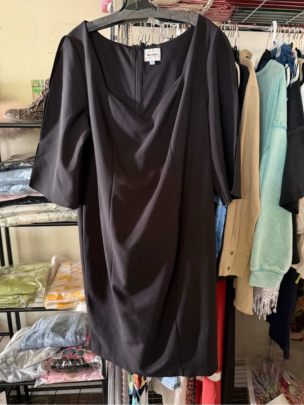 Ann Taylor Black Midi Dress with Draped Neckline